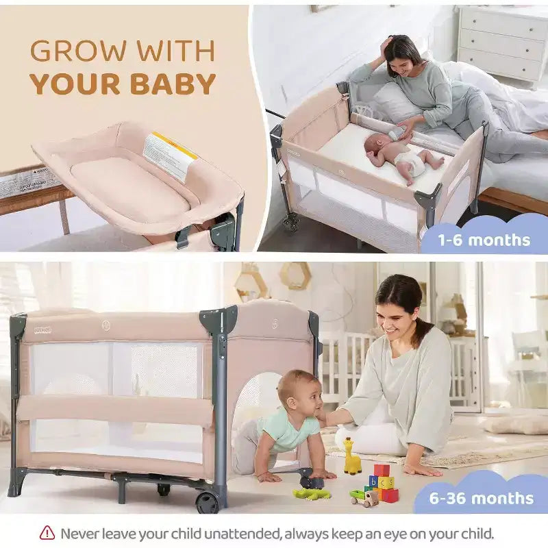 JOYMOR Culla 5 in 1 con Fasciatoio, Lettino da Affiancare al Letto Portatile con Materasso e Lenzuola, Borsa da Trasporto