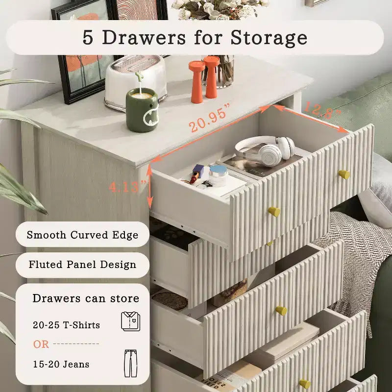 Comò alti in stile moderno Okak con cassetti scanalati, cassettiera per camera da letto, ingresso, organizer in legno con maniglia in metallo