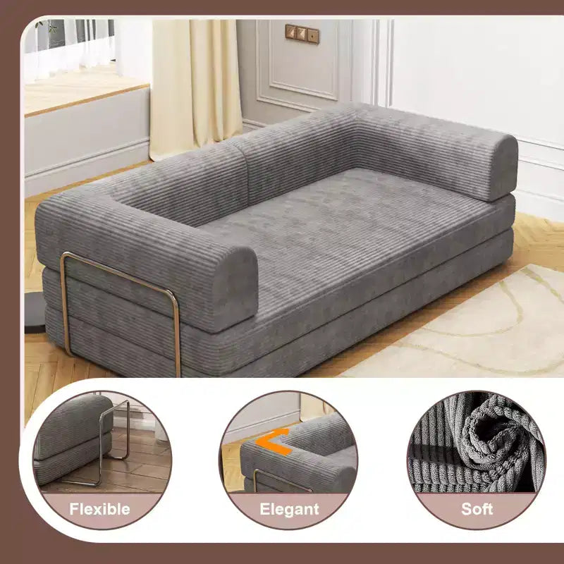 Divano Letto Convertibile in Velluto a Coste, Materasso Pieghevole con Struttura a Forma Fissa, Futon King Size a 3 Posti, Divano da Terra Senza Montaggio
