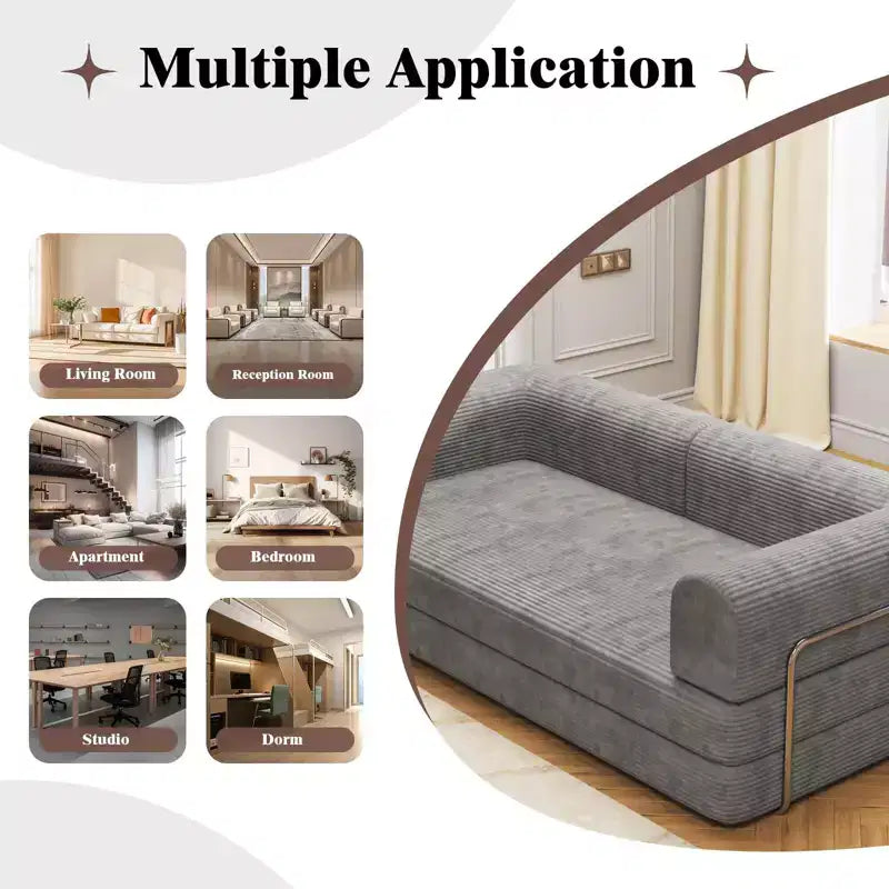 Divano Letto Convertibile in Velluto a Coste, Materasso Pieghevole con Struttura a Forma Fissa, Futon King Size a 3 Posti, Divano da Terra Senza Montaggio