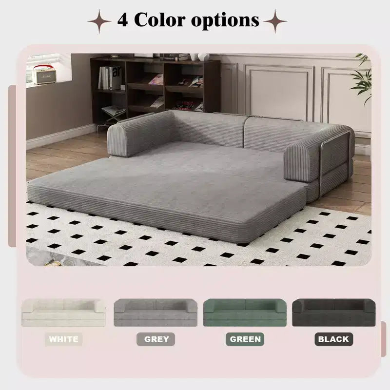 Divano Letto Convertibile in Velluto a Coste, Materasso Pieghevole con Struttura a Forma Fissa, Futon King Size a 3 Posti, Divano da Terra Senza Montaggio