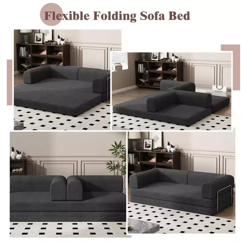 Divano Letto Convertibile in Velluto a Coste, Materasso Pieghevole con Struttura a Forma Fissa, Futon King Size a 3 Posti, Divano da Terra Senza Montaggio