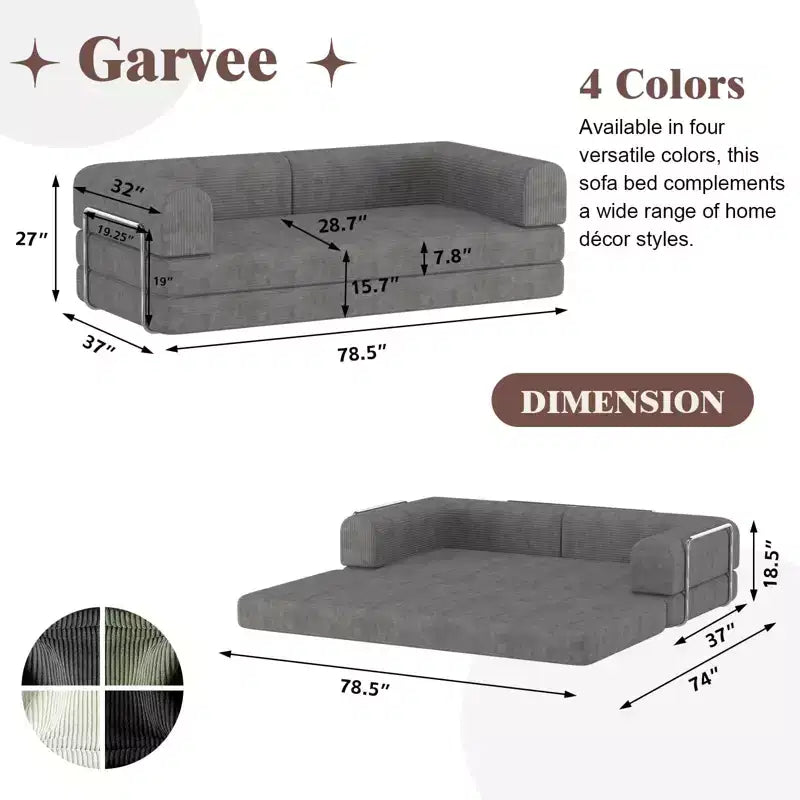 Divano Letto Convertibile in Velluto a Coste, Materasso Pieghevole con Struttura a Forma Fissa, Futon King Size a 3 Posti, Divano da Terra Senza Montaggio
