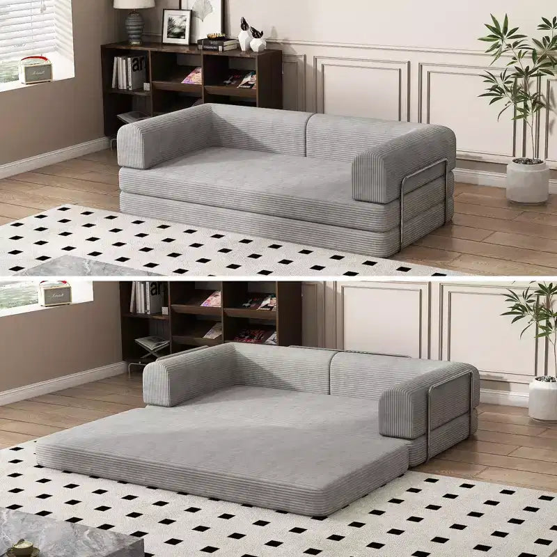 Divano Letto Convertibile in Velluto a Coste, Materasso Pieghevole con Struttura a Forma Fissa, Futon King Size a 3 Posti, Divano da Terra Senza Montaggio