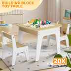 JOYMOR Tavolo e sedie per bambini 4-in-1, con piano da costruzione, lavagna e lavagna magnetica, in legno con contenitore, naturale