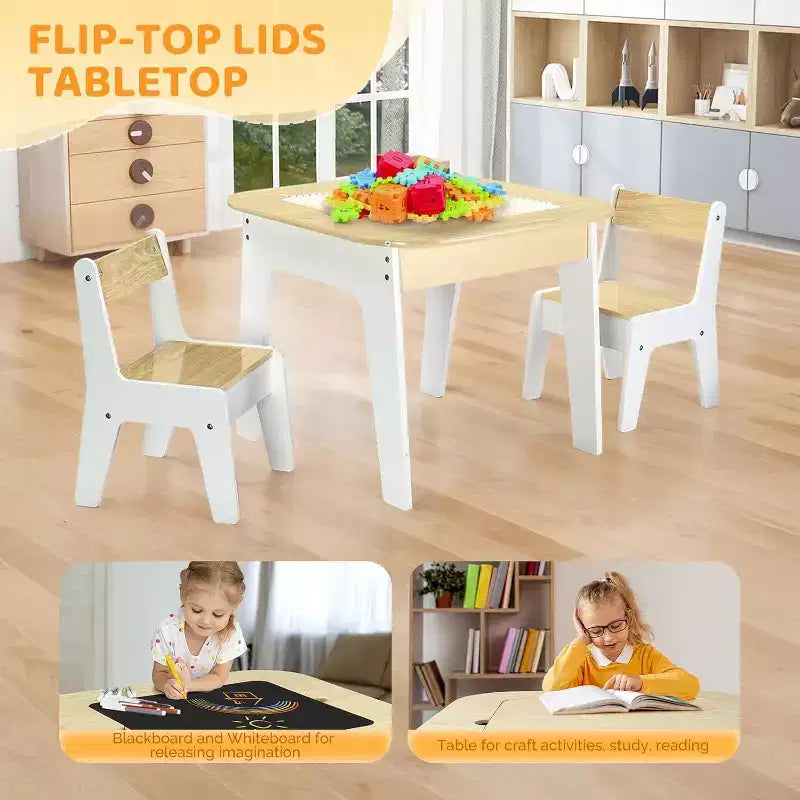 JOYMOR Tavolo e sedie per bambini 4-in-1, con piano da costruzione, lavagna e lavagna magnetica, in legno con contenitore, naturale