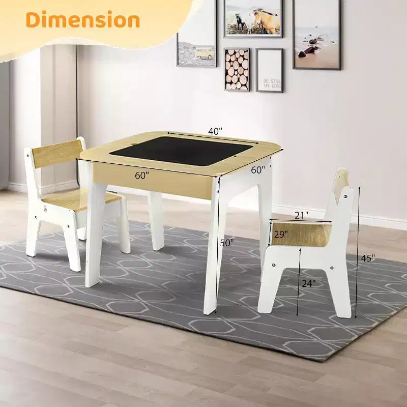 JOYMOR Tavolo e sedie per bambini 4-in-1, con piano da costruzione, lavagna e lavagna magnetica, in legno con contenitore, naturale