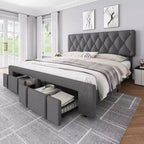 Bed Frame with 2 Drawers, Upholstered Platform Bed with Storage, No Box Spring Needed