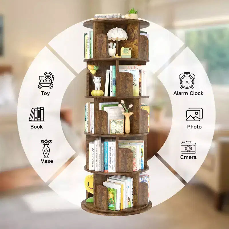 Libreria girevole Besiost, scaffale angolare a 360° per piccoli spazi - marrone