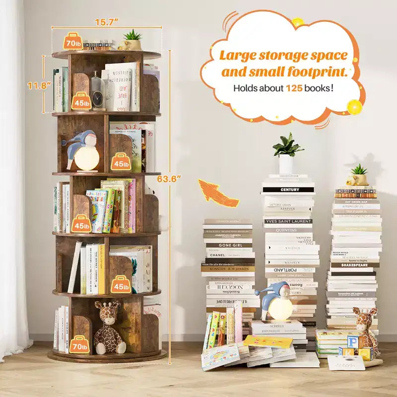 Libreria girevole Besiost, scaffale angolare a 360° per piccoli spazi - marrone