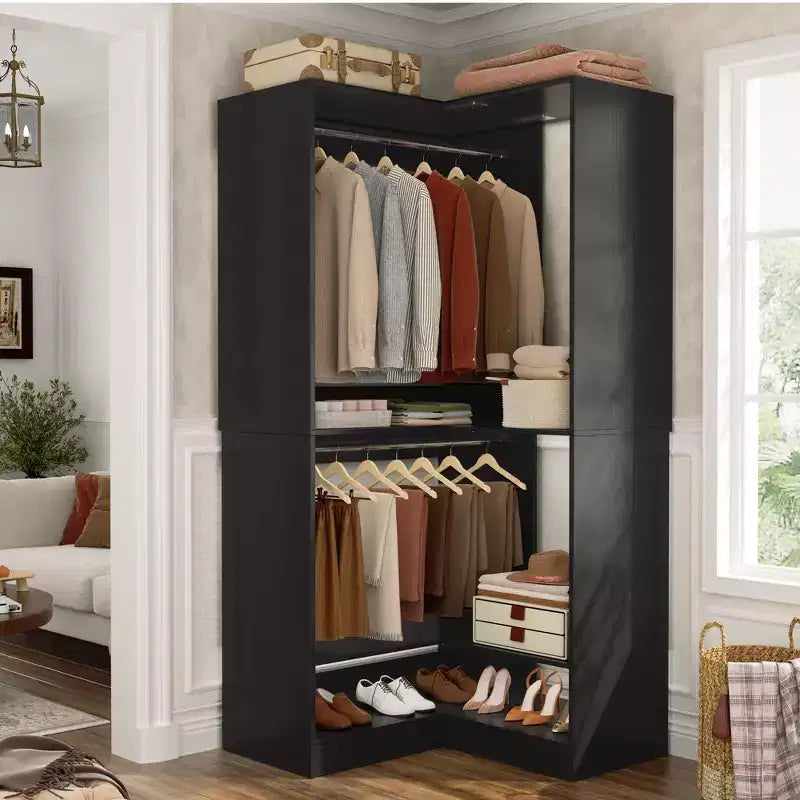 Besiost Freestanding Corner Closet System with 2 Hanging Rods and Shoes Shelf