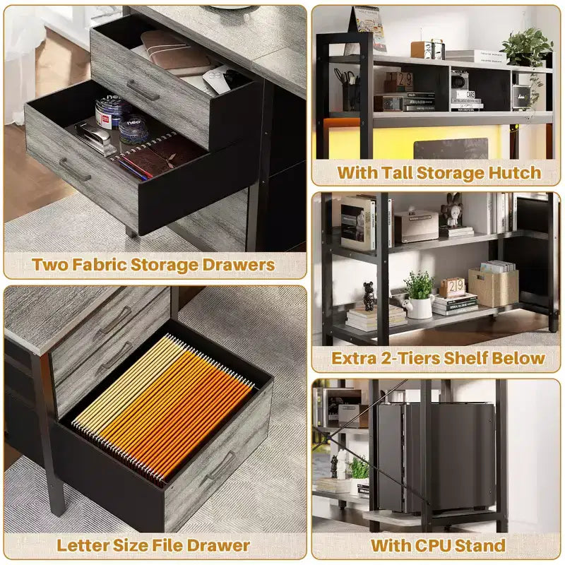 Scrivania ad angolo Besiost con libreria superiore, prese di corrente, luci a LED e cassetti portaoggetti