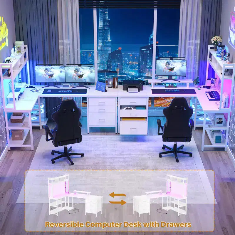 Scrivania ad angolo Besiost con libreria superiore, prese di corrente, luci a LED e cassetti portaoggetti