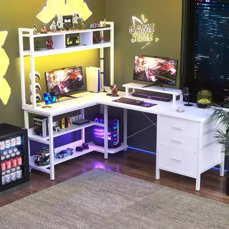 Scrivania ad angolo Besiost con libreria superiore, prese di corrente, luci a LED e cassetti portaoggetti