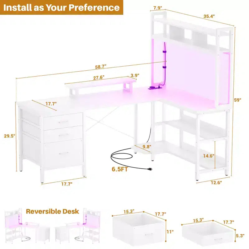 Scrivania ad angolo Besiost con libreria superiore, prese di corrente, luci a LED e cassetti portaoggetti
