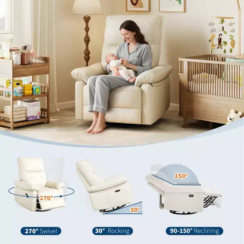 Poltrona reclinabile elettrica, girevole a 270°, in tessuto imbottito in pelle PU con schienale trapuntato a bottoni, sedia ergonomica da vivaio per soggiorno