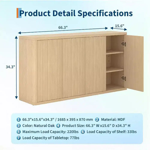 66.3 Credenza a buffet scanalata con contenitore, mobile credenza largo con 4 ante e ripiani regolabili, per cucina, ingresso, soggiorno