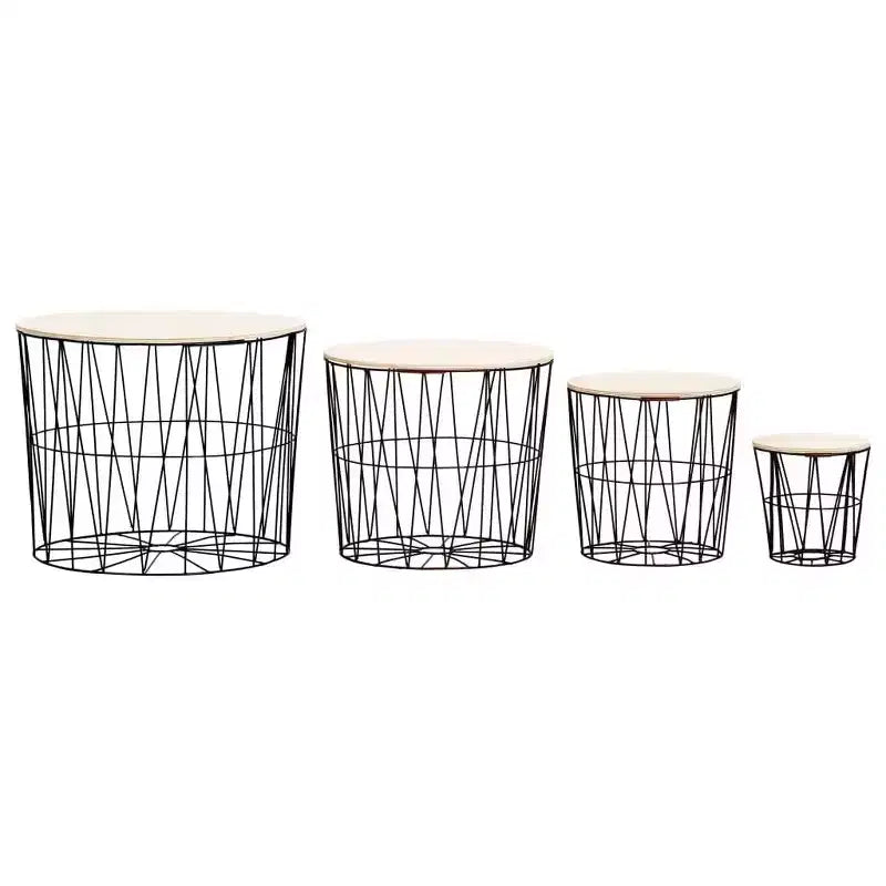 vidaXL - Set 4 Tavolini da Caffè Stile Vintage, Struttura in Metallo Nero con Piano in Legno Massello, Tavolini Nestabili Salvaspazio, Convertibili in Cestini Contenitori
