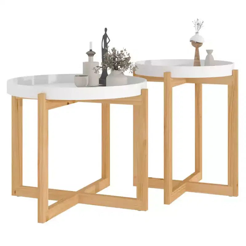 vidaXL Tavolini da caffè 2 pz Rotondi Tavolini da Divano da Salotto Legno massello di Pino - Bianco