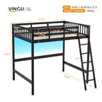 Vingli - Letto a soppalco singolo in legno con stazione di ricarica USB/LED, in legno massello con pioli piatti, sponda alta 38 cm, non necessita di rete, nero