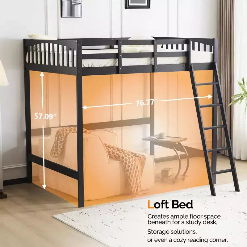 Vingli - Letto a soppalco singolo in legno con stazione di ricarica USB/LED, in legno massello con pioli piatti, sponda alta 38 cm, non necessita di rete, nero