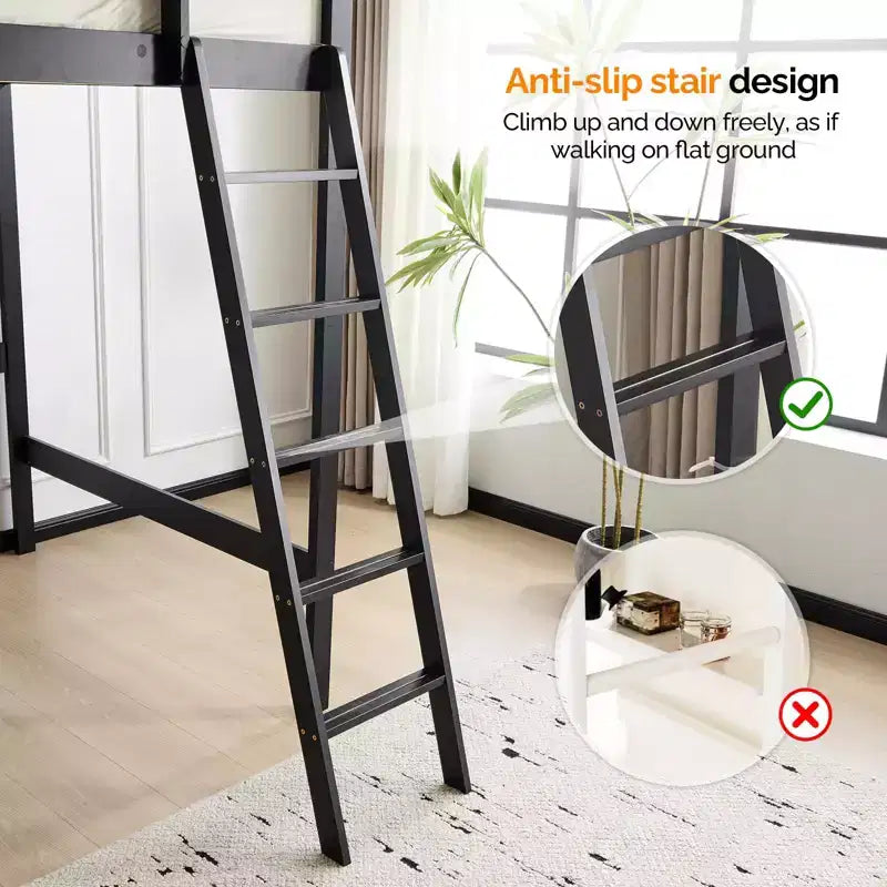 Vingli - Letto a soppalco singolo in legno con stazione di ricarica USB/LED, in legno massello con pioli piatti, sponda alta 38 cm, non necessita di rete, nero