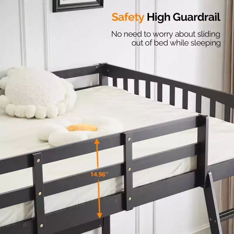 Vingli - Letto a soppalco singolo in legno con stazione di ricarica USB/LED, in legno massello con pioli piatti, sponda alta 38 cm, non necessita di rete, nero