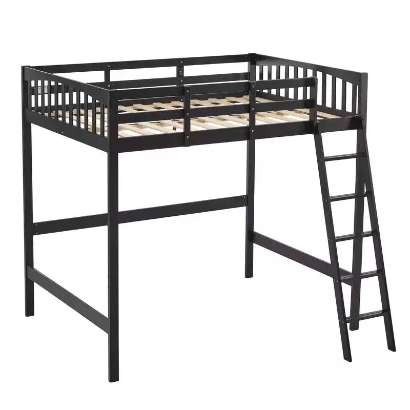 Vingli - Letto a soppalco singolo in legno con stazione di ricarica USB/LED, in legno massello con pioli piatti, sponda alta 38 cm, non necessita di rete, nero