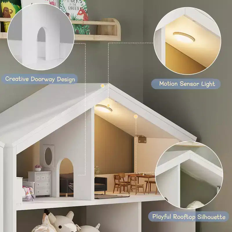 COZONY Scaffale a 2 livelli per libri per bambini e contenitore portaoggetti per giocattoli con luce a sensore di movimento, Libreria in legno per sale giochi, aule e camerette per bambini