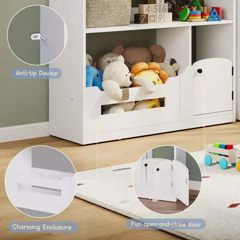 COZONY Scaffale a 2 livelli per libri per bambini e contenitore portaoggetti per giocattoli con luce a sensore di movimento, Libreria in legno per sale giochi, aule e camerette per bambini