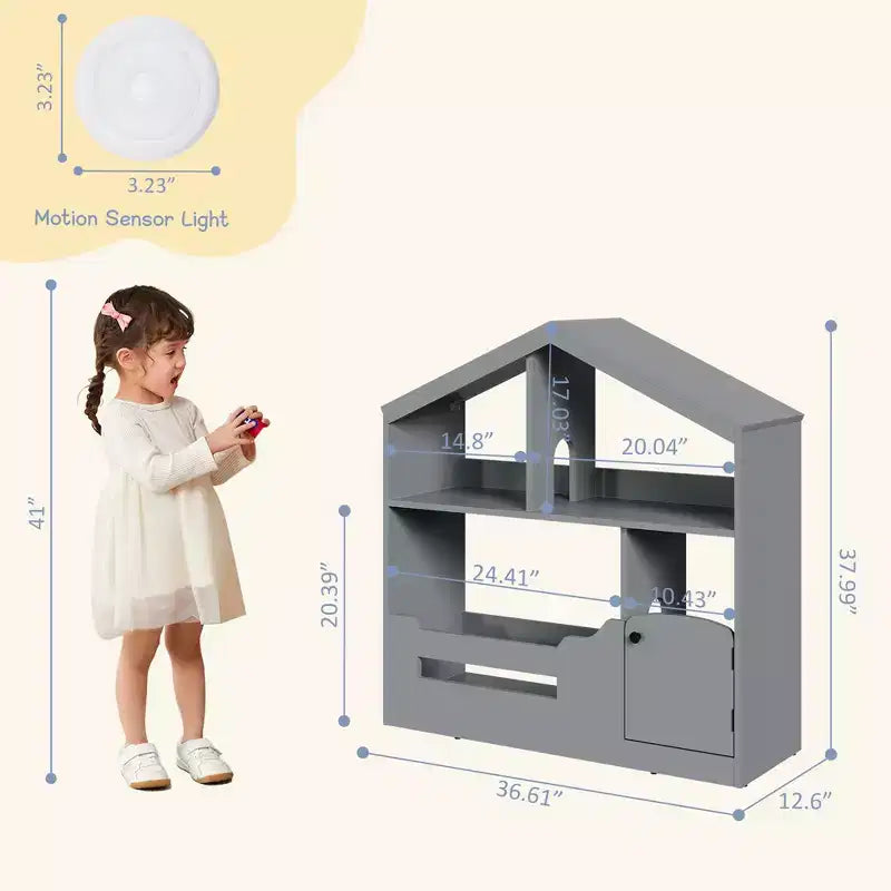 COZONY Scaffale a 2 livelli per libri per bambini e contenitore portaoggetti per giocattoli con luce a sensore di movimento, Libreria in legno per sale giochi, aule e camerette per bambini