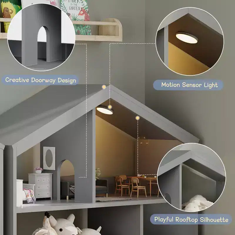 COZONY Scaffale a 2 livelli per libri per bambini e contenitore portaoggetti per giocattoli con luce a sensore di movimento, Libreria in legno per sale giochi, aule e camerette per bambini