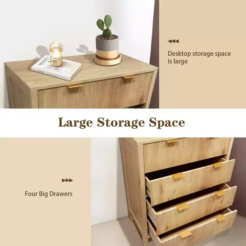 Comò a 4 cassetti, Cassettiera scanalata, Mobile cassettiera alto in legno stile rustico con maniglie dorate,