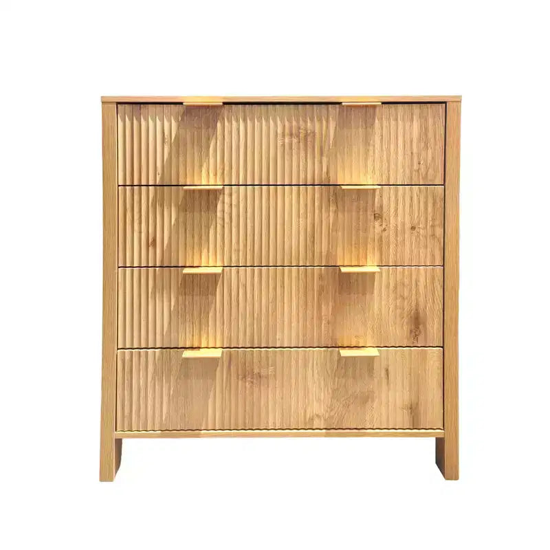 Comò a 4 cassetti, Cassettiera scanalata, Mobile cassettiera alto in legno stile rustico con maniglie dorate,