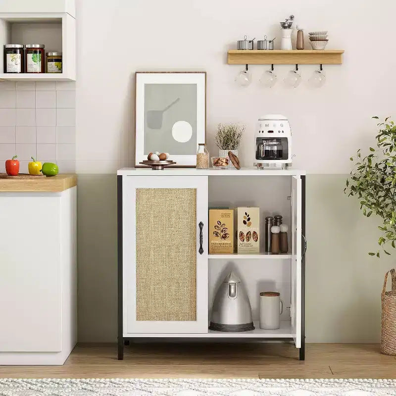 Acekool Mobile Contenitore in Rattan con Ante e Ripiani, Madia Credenza per Ingresso, Soggiorno, Ufficio, Organizzatore Moderno Boho
