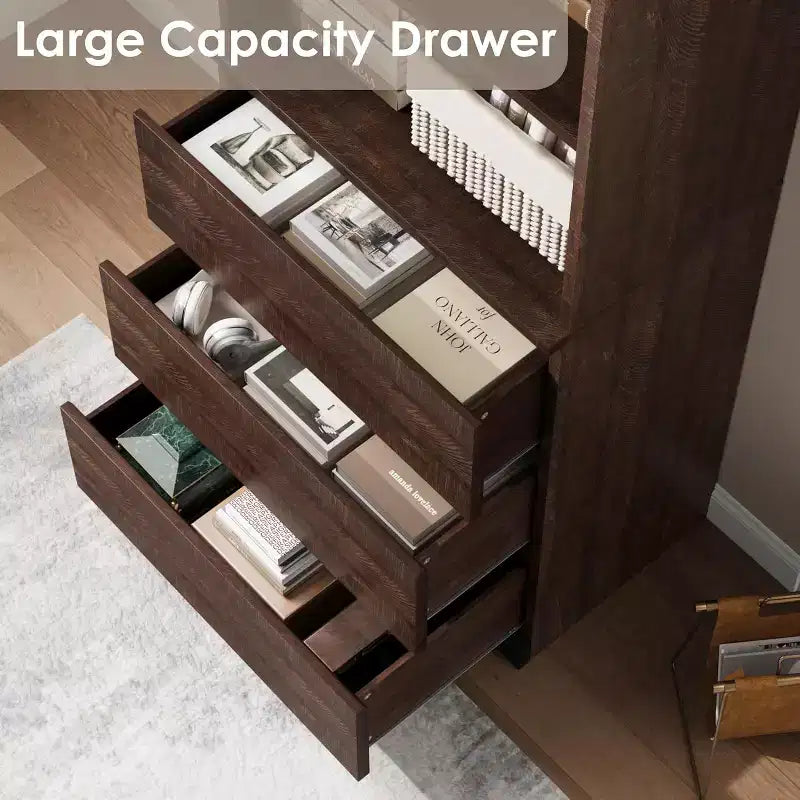 COZONY Libreria Alta 70 cm con Cassetti, Scaffale Profondo in Legno, Armadietto Contenitore Organizzatore, Stile Rustico, per Ufficio/Soggiorno, Marrone