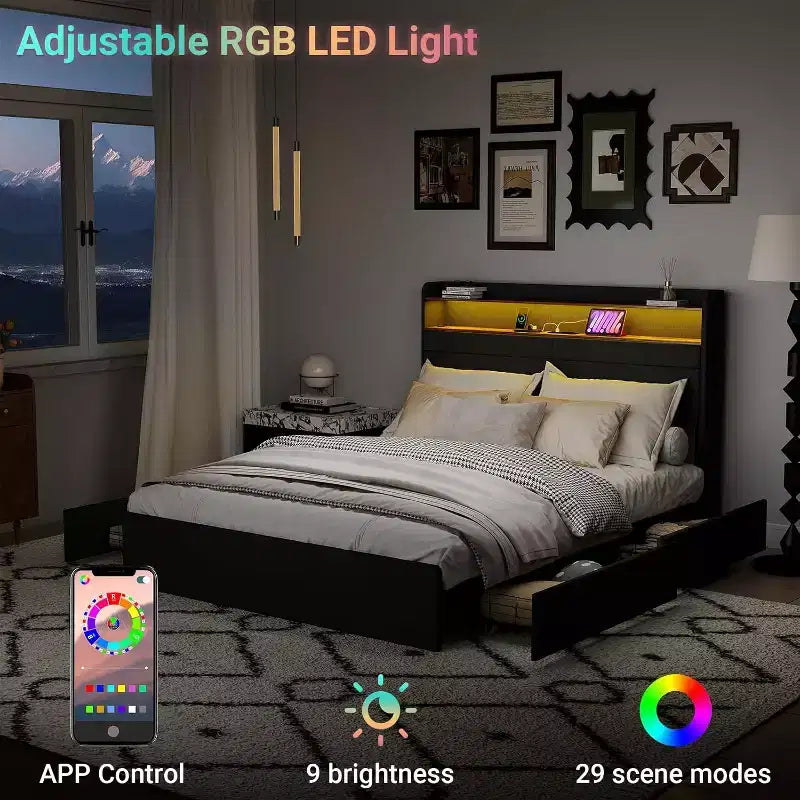Telaio letto completo Zevemomo con 4 cassetti contenitore, letto imbottito di dimensioni complete con testiera, LED, robusto supporto in metallo a doghe, nessun rumore, grigio scuro