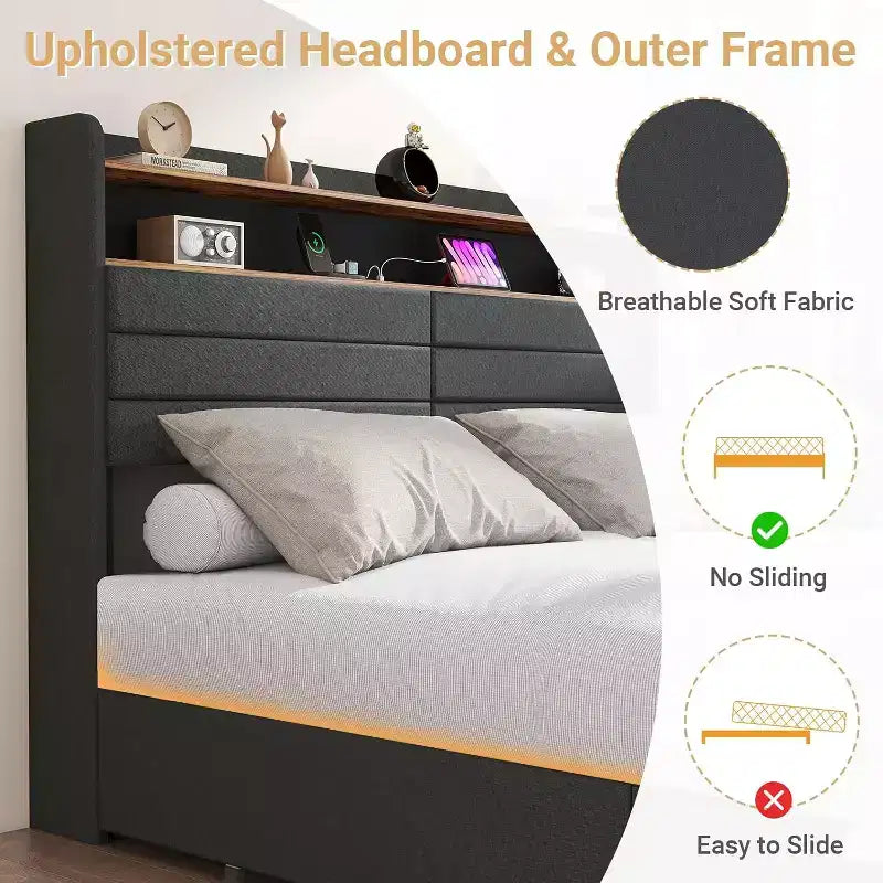 Telaio letto completo Zevemomo con 4 cassetti contenitore, letto imbottito di dimensioni complete con testiera, LED, robusto supporto in metallo a doghe, nessun rumore, grigio scuro