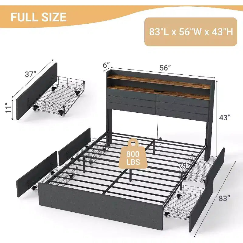Telaio letto completo Zevemomo con 4 cassetti contenitore, letto imbottito di dimensioni complete con testiera, LED, robusto supporto in metallo a doghe, nessun rumore, grigio scuro