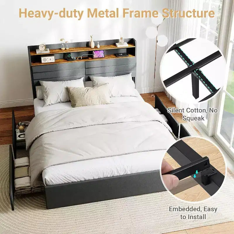 Telaio letto completo Zevemomo con 4 cassetti contenitore, letto imbottito di dimensioni complete con testiera, LED, robusto supporto in metallo a doghe, nessun rumore, grigio scuro
