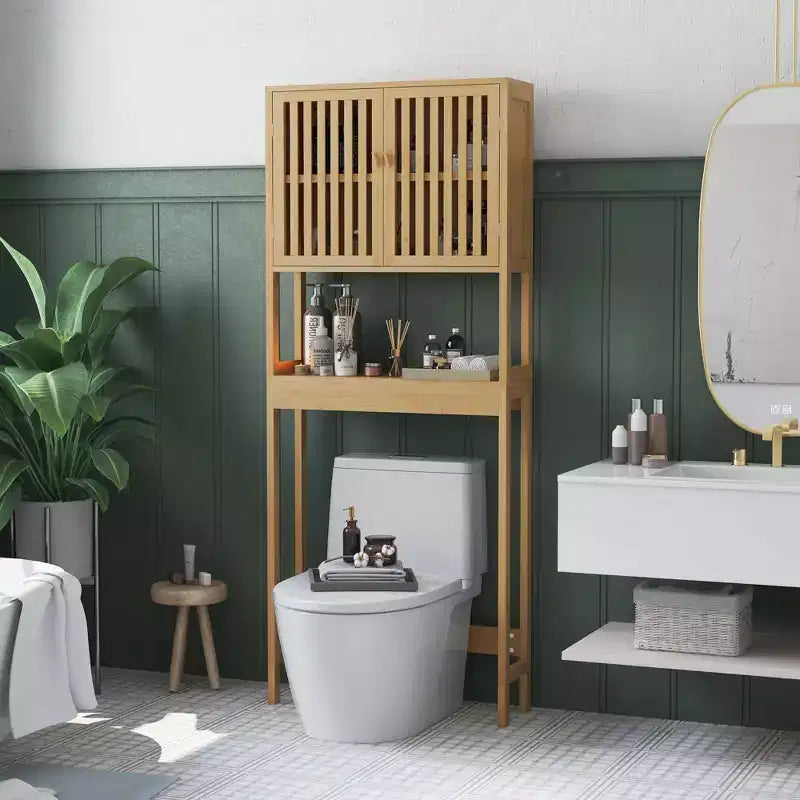 MAYEERTY Bamboo Over the Toilet Storage Cabinet, Over Toilet Bathroom Organizer with Slatted Doors Adjustable Shelf & Open Shelf