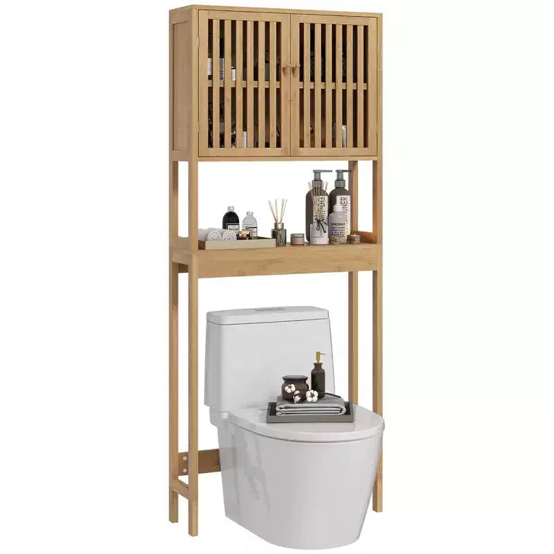 MAYEERTY Mobiletto da Bagno sopra il WC in Bambù, Organizer da Bagno sopra il WC con Ante a Persiana, Ripiano Regolabile e Ripiano Aperto