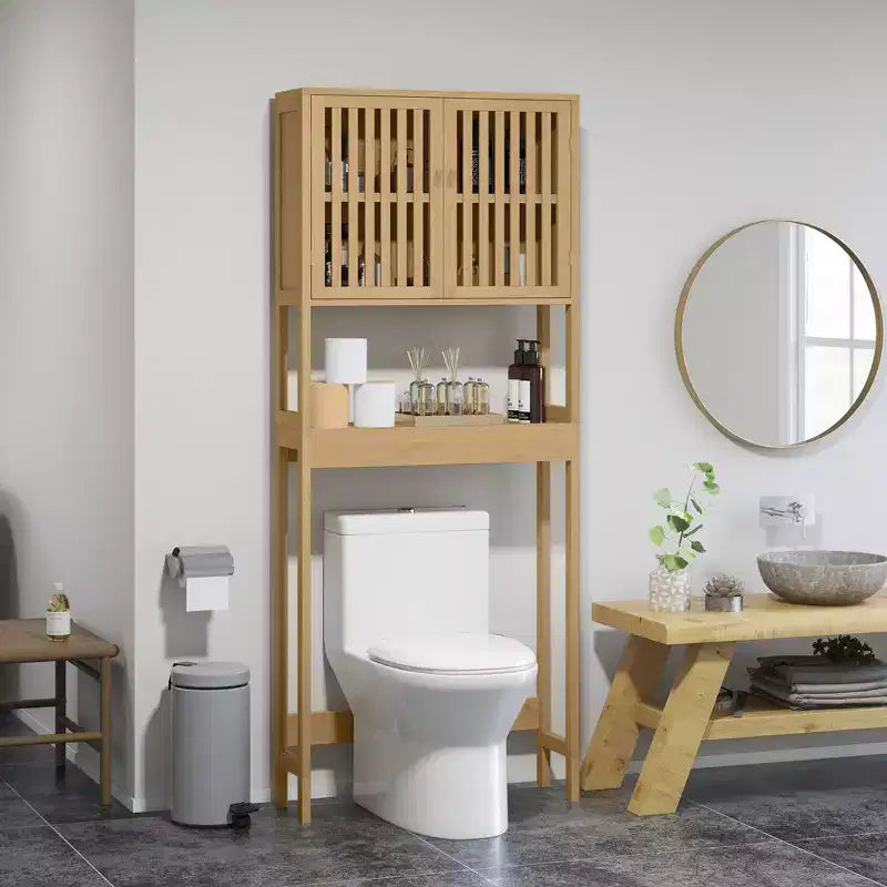 MAYEERTY Mobiletto da Bagno sopra il WC in Bambù, Organizer da Bagno sopra il WC con Ante a Persiana, Ripiano Regolabile e Ripiano Aperto