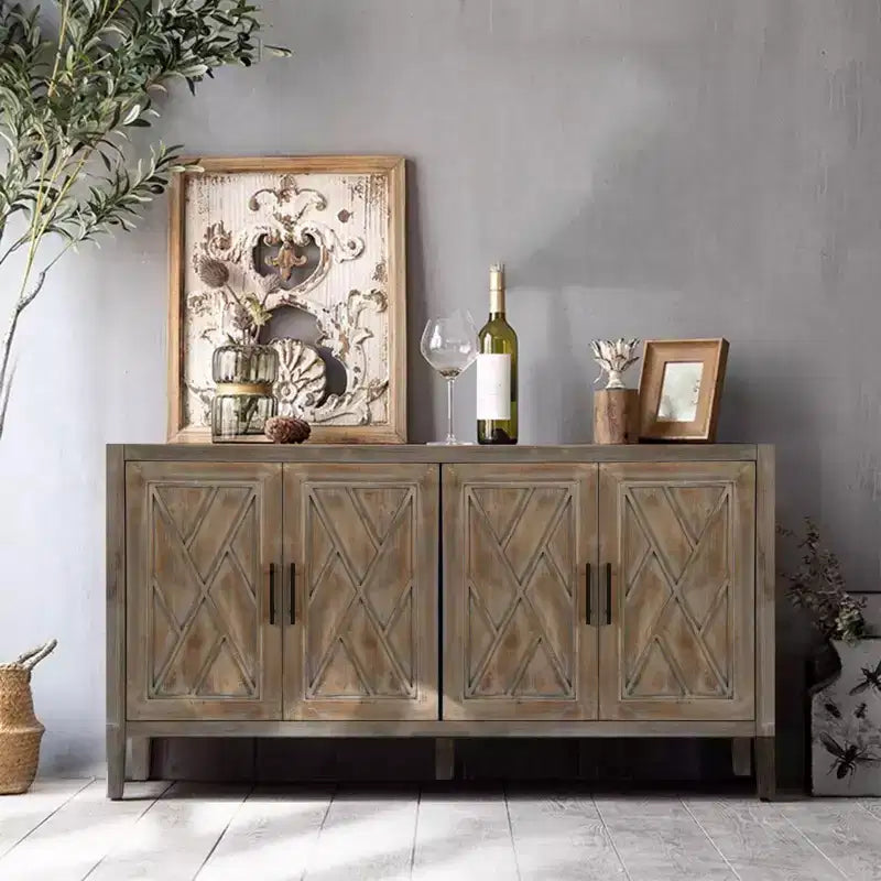 CuisinSmart 60'' Sideboard Buffet Cabinet, Vintage Wooden Sideboard Storage Cabinet with 4 Doors&Adjustable Shelf, Accent Cabinet for Living Room