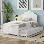Bed Frame with Trundle, Wood Platform Bed with Headboard, Wood Trundle Bed Frame for Bedroom, White