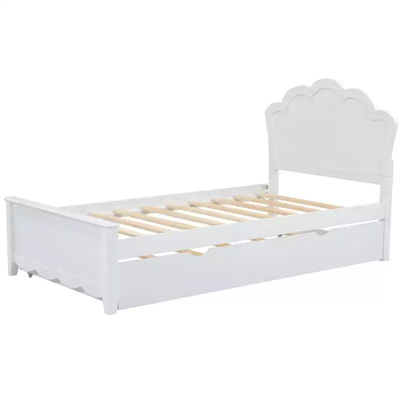 Struttura letto con letto estraibile, letto a piattaforma in legno con testiera, struttura letto estraibile in legno per camera da letto, bianco
