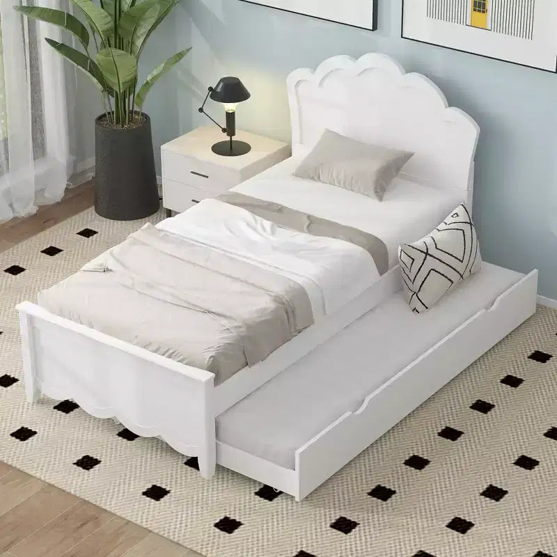 Struttura letto con letto estraibile, letto a piattaforma in legno con testiera, struttura letto estraibile in legno per camera da letto, bianco