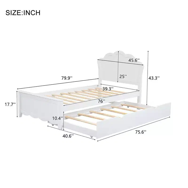 Struttura letto con letto estraibile, letto a piattaforma in legno con testiera, struttura letto estraibile in legno per camera da letto, bianco
