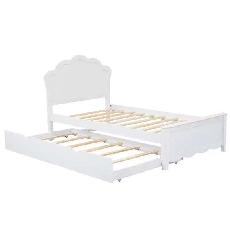 Struttura letto con letto estraibile, letto a piattaforma in legno con testiera, struttura letto estraibile in legno per camera da letto, bianco