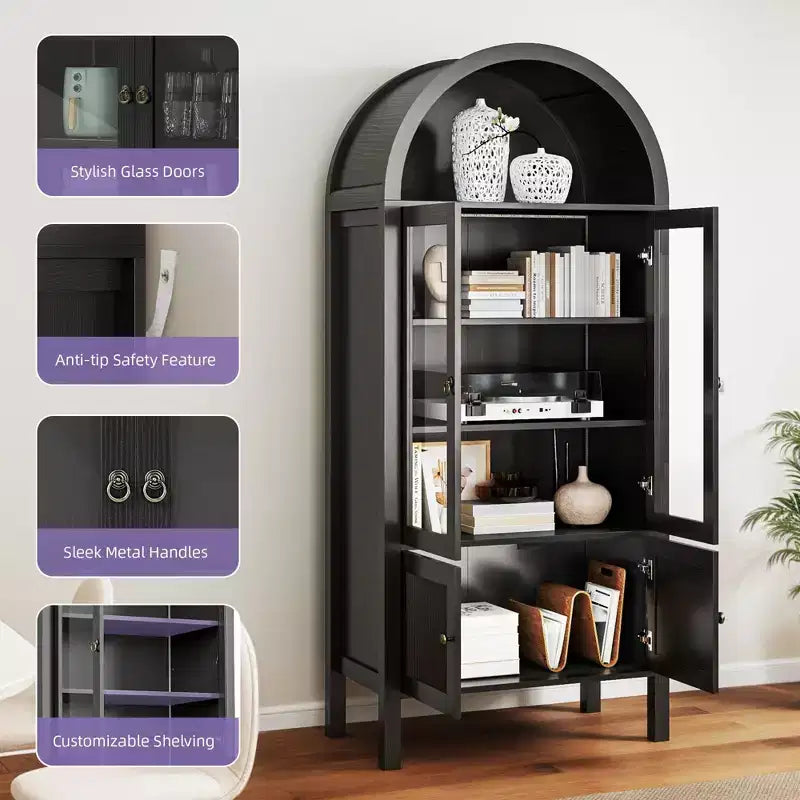 Dispensa da cucina alta 71 pollici, con armadietto ad arco e luce a LED, in legno